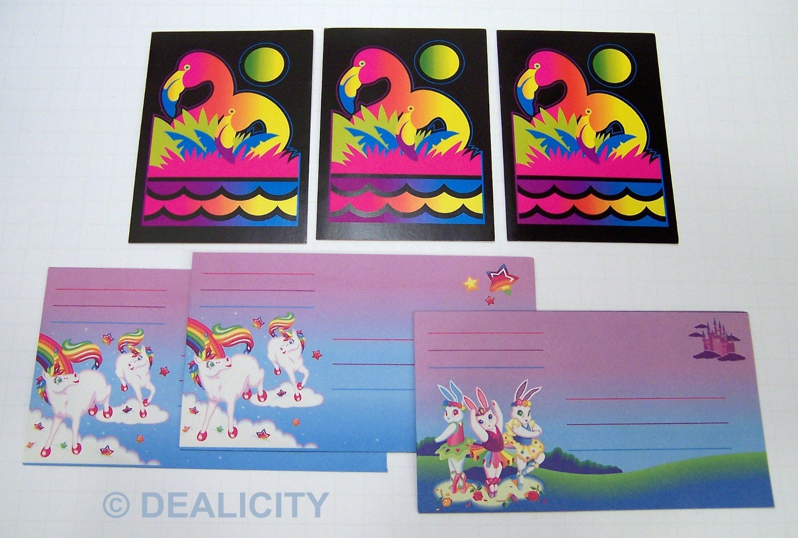 LISA FRANK STATIONARY LOT - 3 ENVELOPES & 3 BLANK NOTE CARDS - NEW - 1990s Ⓥ TL