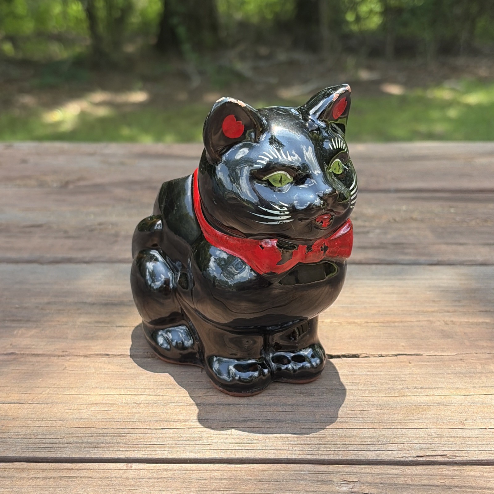 Vtg 1950s Shafford Black Cat Planter Green Eyes Red Bow Redware Japan