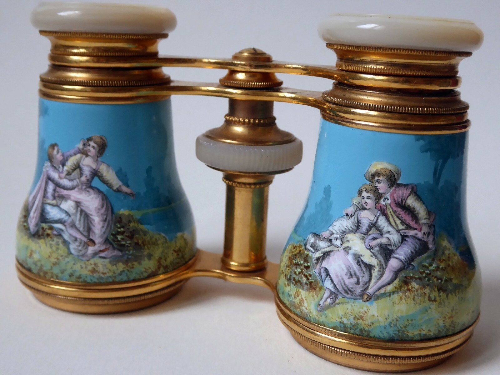 1850\'s Fine Antique French Enamel Opera Glasses Theater Binocular Lovers scenes