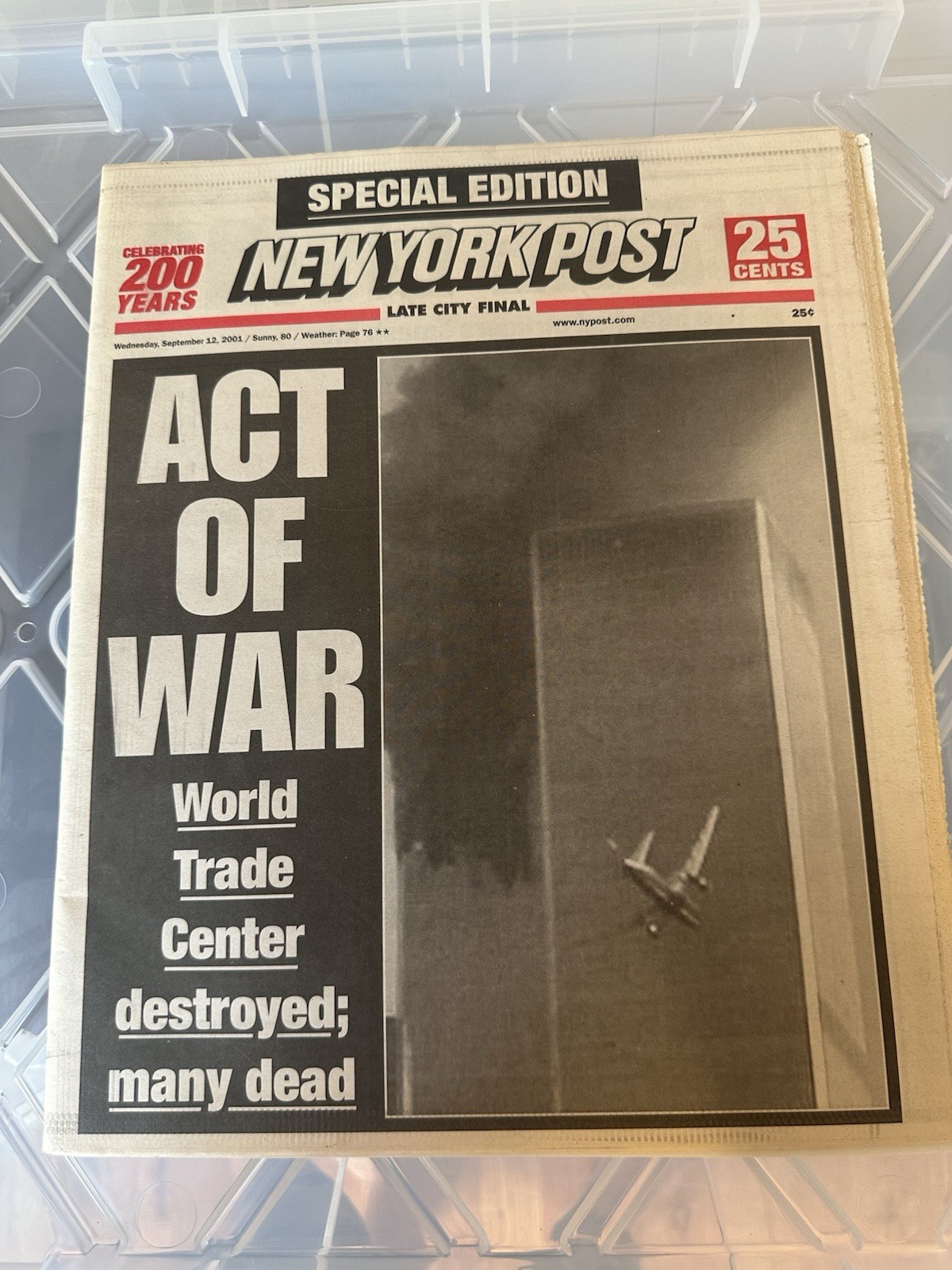 September 12, 2001 NY Post ACT OF WAR Historic 9-11 Vintage Newspaper MINT COND September 12, 2001 NY Post ACT OF WAR Historic 9-11 Vintage Newspaper MINT COND