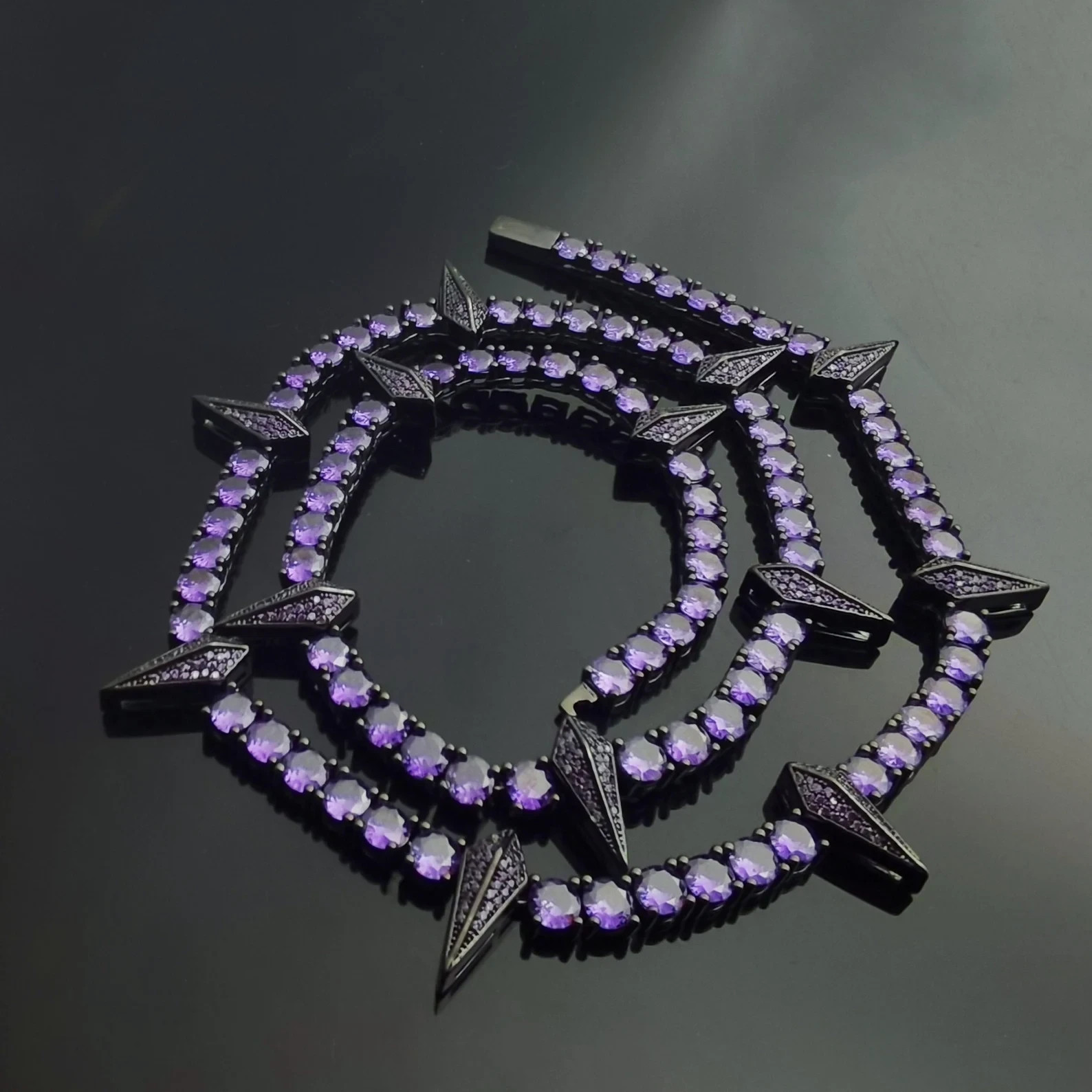 18K Black Gold Over Spiked Breaker Amethyst Tennis Choker Necklace For Men\'s 20\