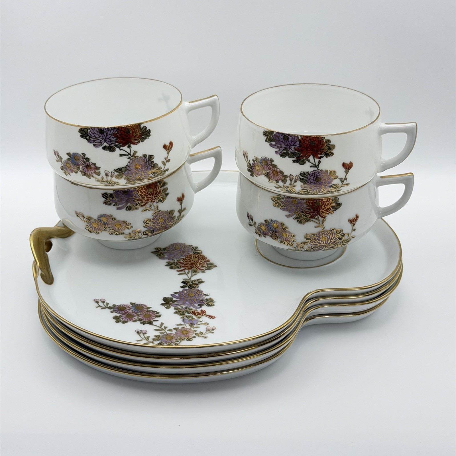 Vintage Kutani Style Kyoto Japan Tea Set 4 Cups Snack Trays Eggshell Gold Floral