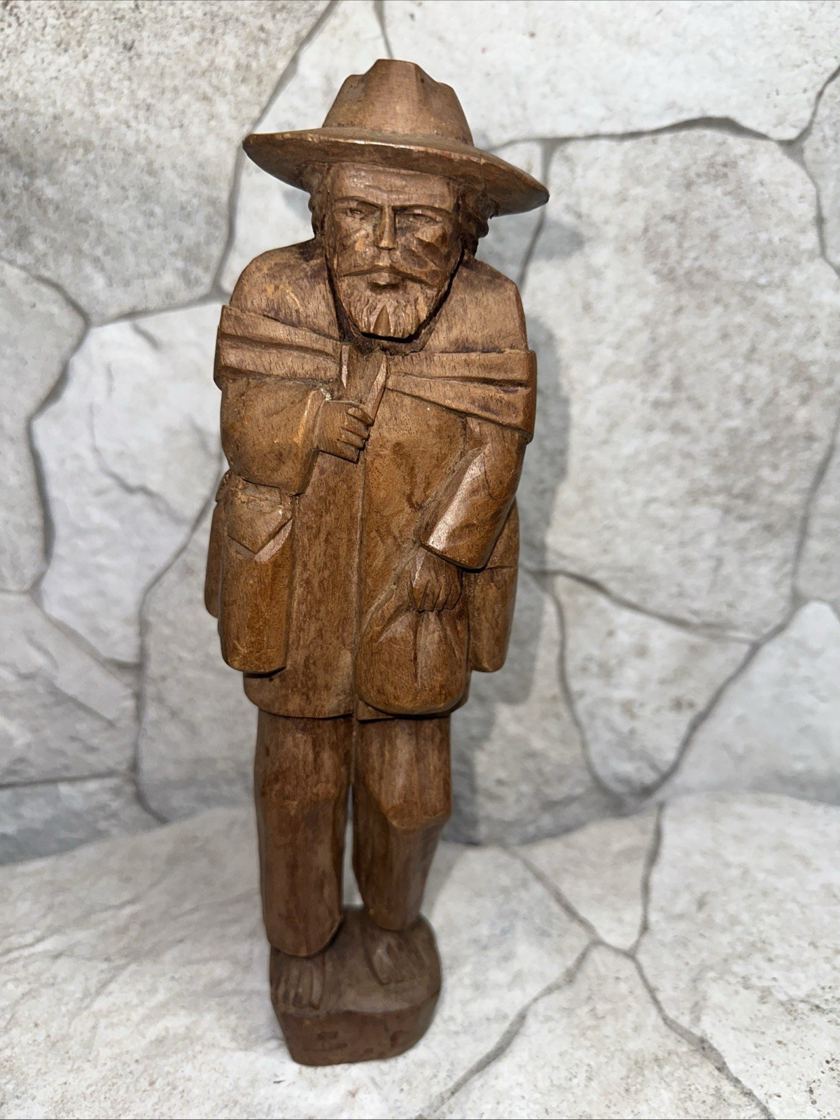 Handmade Wood Carved Folk Art Traveling Man Figurine Vintage 