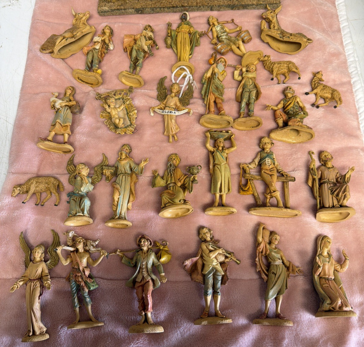 Vintage 28pc DEPOSE ITALY FONTANINI Nativity Set Large Wood Manger spider logo