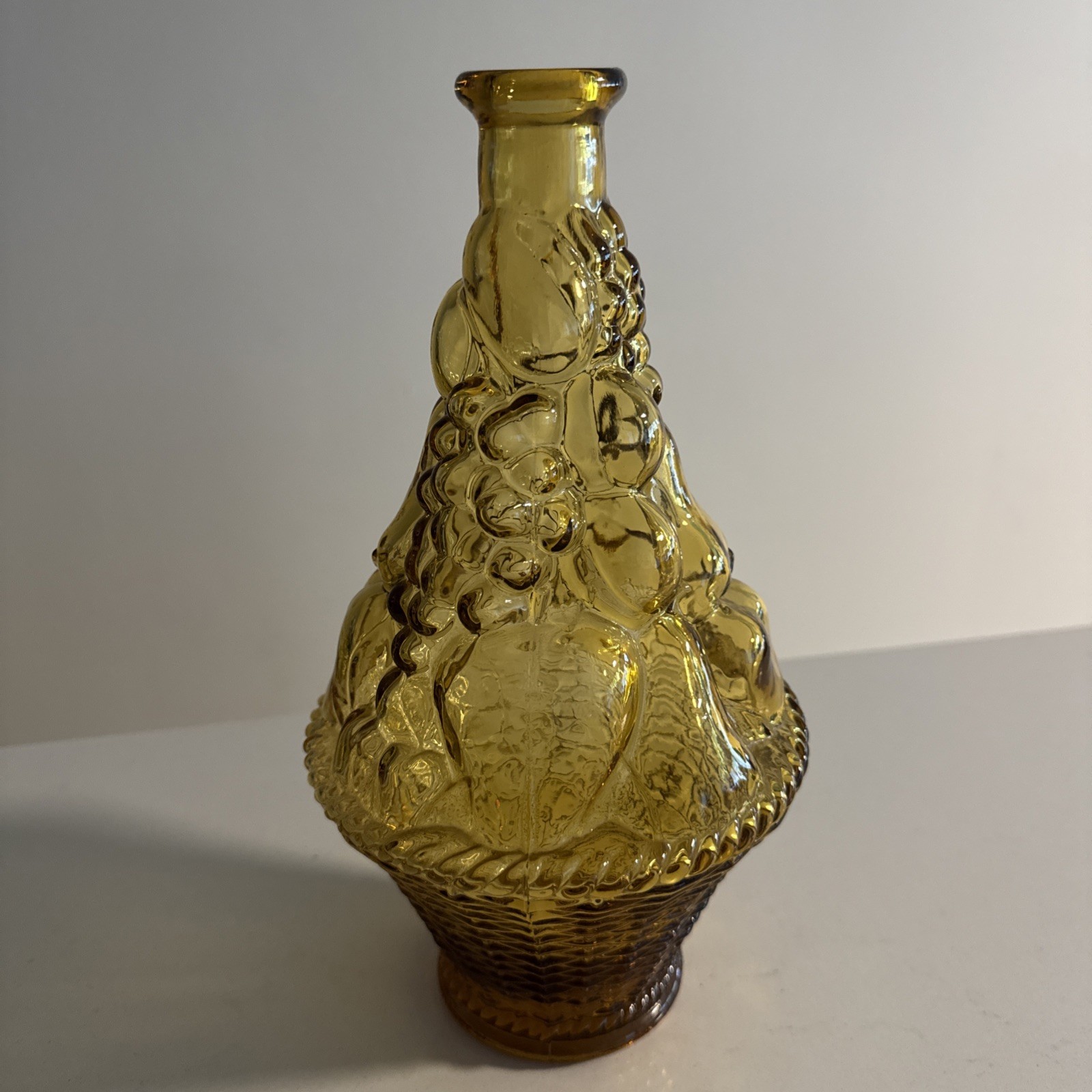 Vintage Amber Glass Wine Decanter Bottle (Fruit Basket Relief Pattern) 10.75 in.