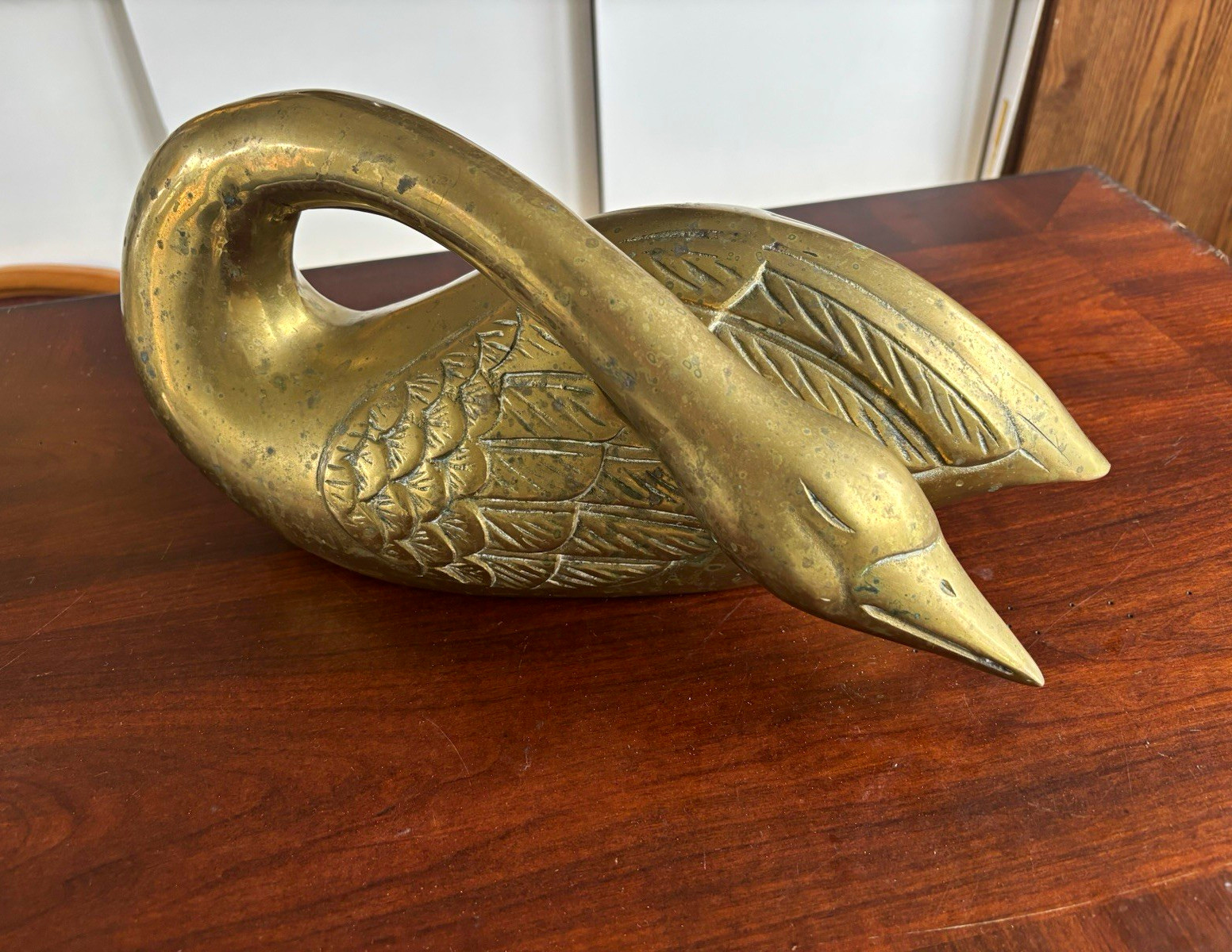 Vintage Large Brass Sleeping Swan Sculpture 15” Made in Korea Heavy Bird Decor