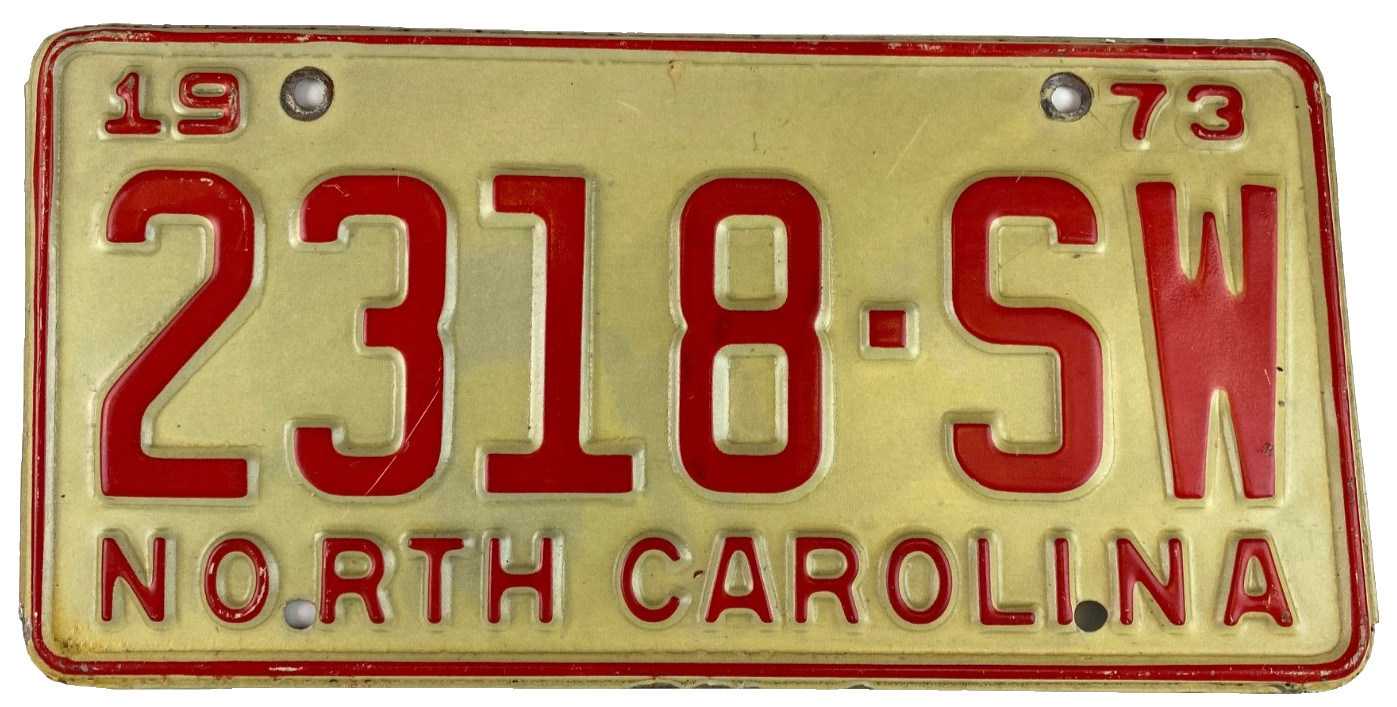 Vintage North Carolina 1973 Auto License Plate 2318-SW Garage Man Cave Pub Decor