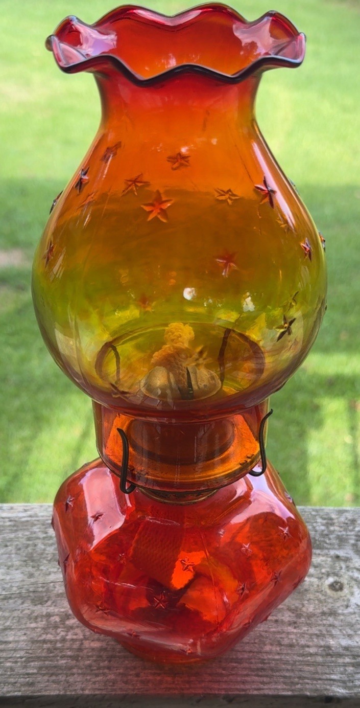 Vintage  Amberina Moon and Stars Miniature Oil Lamp Eagle Burner