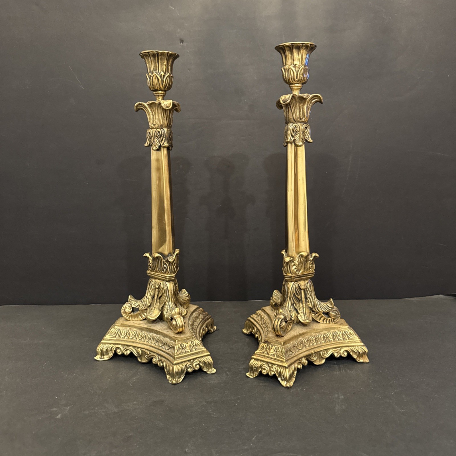 Antique Bronze Ornate Elegant Pair Of Gilt Bronze Candlesticks Stunning 13 3/8”H Antique Bronze Ornate Elegant Pair Of Gilt Bronze Candlesticks Stunning 13 3/8”H