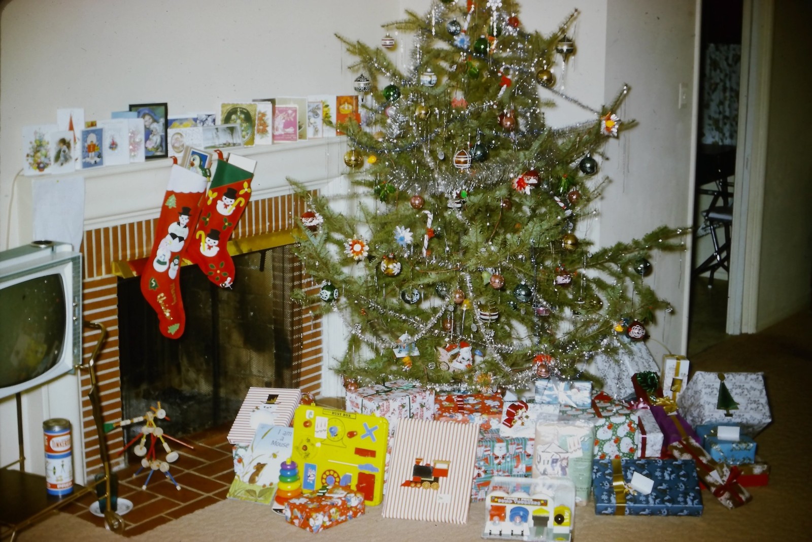 c1960\'s 35mm Slide, Mid Century Christmas Tree Fireplace 1960s Brick Mod