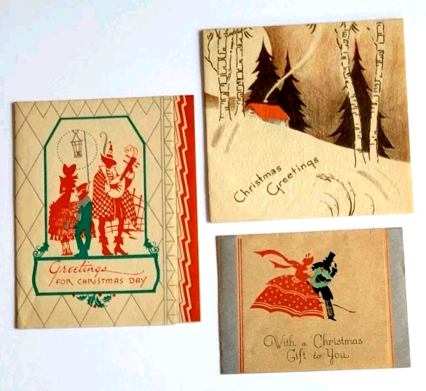 Lot 3 Vintage Art Deco Chrismas Greeting Cards 1920s & 30s Antique Rare Unique