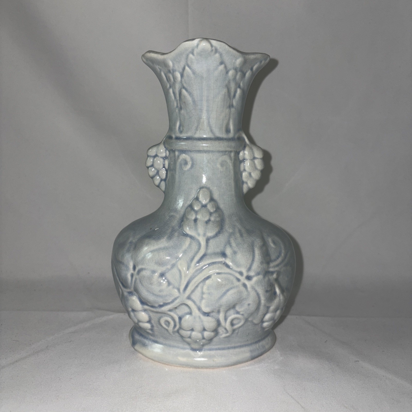 Vintage Crazed Ceramic Vase with Floral and Grapevine Pattern 8