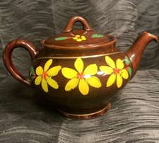 Vtg 1970's Royal Canadian Art Pottery Brown Lidded Teapot Yellow Flowers Floral picture