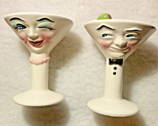 Vintage Clay Art MARTINI GLASS Salt Pepper Shakers Winking Novelty Gift Wedding picture