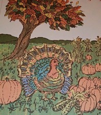 UNUSED THANKSGIVING card, cute turkey in a pumpkin patch 7 1/2