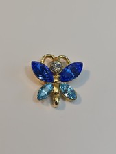 Butterfly Lapel Pin Gold Color Metal w/ Blue & Clear Faceted Faux Gems Small SZ picture