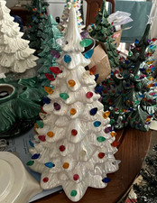 Ceramic Christmas Tree Vintage 60’s ? Iridescent White w/ Multicolor Lights picture