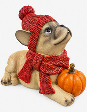 Fall Seasonal Dog Figurine Red Knit Hat Scarf Pumpkin Resin Hand Painted 3D picture