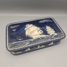 Vintage Incolay Stone Jewelry Box with Sculpted Clipper Ship Relief Design picture