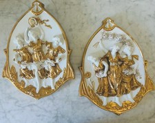 Antique Porcelain Wall Plaques Pair Art Nouveau Gilt Gold 3 Women Cherubs Set 2 picture