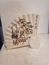 Vintage Japanese Ceramic Fan Vase Cranes Pine Tree Peony Longevity Banko Ware picture