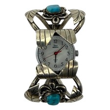 Timex Indiglo Cuff Watch Sterling Silver Turquoise Coral Southwestern Vintage picture
