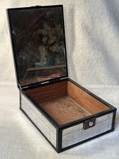 VTG 1930s Victorian Art lidded Wood/Metal Vanity box  Metal tiled mirror lid picture