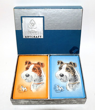 Vintage Russell Artcraft FOX TERRIER PLAYING CARDS Blue/Orange Double Deck w/Box picture
