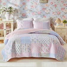 Joyreap Twin Floral Quilt Set, Blue Pink Plaid, Lightweight, 68x88