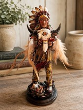 Native American Tribal Chief Figurine Holding Buffalo Skull W Feathers Beads 13” picture