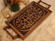 Hand Carved Walnut Wood Serving Tray, Engraved Ottoman Style, Decorative Handles picture