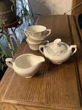 China Set w Creamer, Lidded Sugar & 3 Cups Unmarked Gold Filigree Set Of 5 Rare picture