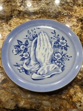 Vintage Porcelain Blue Praying Hands Plate 8 1/8
