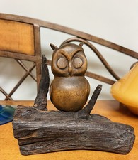 Vintage Hand Carved Wooden Owl Sculpture E King Ornament Signed 1960s picture