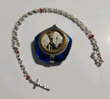 Vintage Pocket Rosary Case Blue Lucite Plastic Miniature Shrine Our Lady Lourdes picture