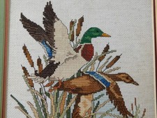 VTG 1986 Mallard Duck Needlepoint Cattails Matted Art Decor Cottagecore Cabin picture