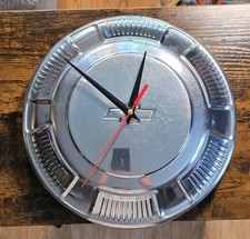 OOAK Genuine 1960s Chevy Chevrolet 11” Hubcap Quartz Wall Clock - Folk Art picture
