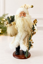 Gold & Ivory Father Christmas Santa Figurine w/ Staff Wooden Base 13