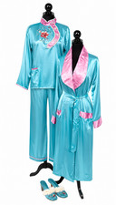 Antique Womens Oriental Kimono Pajama Slipper Set Size S/M Blue Floral Satin picture