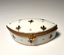 Vintage Limoges France Hand Painted Porcelain Trinket Box Navette Fleur-de-Lis  picture