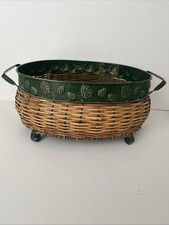 Vintage Wicker And Green Metal Oval Basket/Planter Pinecone Pattern W/Feet 15.5” picture