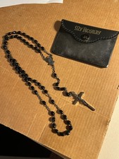 Vintage Catholic Rosary & Case Black Glass Beads Crucifix 16 Inch Italy  picture