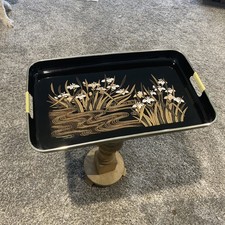 Vtg Floral Japan Japanese Black Lacquer Ware Tray Gold Trim MCM Look 19x11 picture