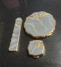 Vintage Stratton England 3pc Vanity Set Marbled Enamel Bow Gold Compact Comb Box picture