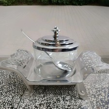 VTG Covered Silver Coated Glass Sugar Dish w/Spoon on Handled Tray, Preowned picture