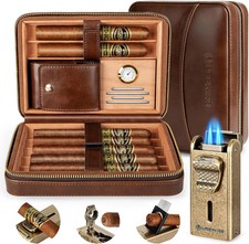 Leather Cedar Wood Cigar Humidor Case Set with Lighter Travel Accessory picture
