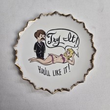 Vtg 60's Risque Novelty Plate Try It You'll Like It Cartoon Adult Humor Gag MCM picture