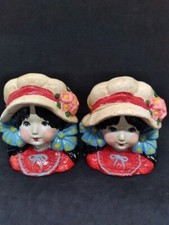 Two Vtg Enesco Japan Set of Strawberry Shortcake style Girls Head Planter vases picture