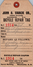 Antique Vintage John B. Varick Co. Bicycle Repair Tag - VERY RARE NH picture