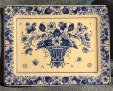 West Raven Delft Blue Ceramic Wall Plaque Basket of Flowers Holland 4.5